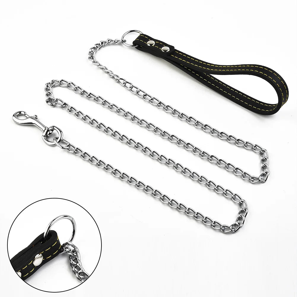 Heavy-Duty Metal Chain Dog Leash with Leather-Style Handle – Dog Walking